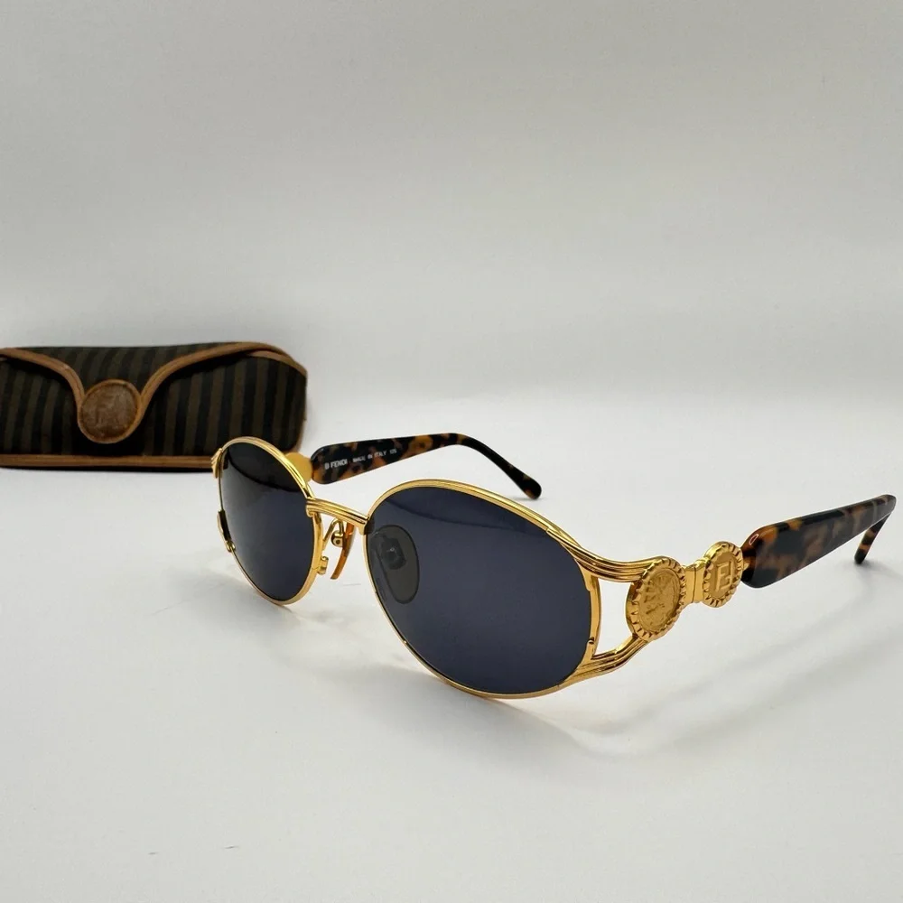 Fendi FS 261 Vintage Gold Oval Sunglasses Blue Lens Tortoise Italy w/ Case